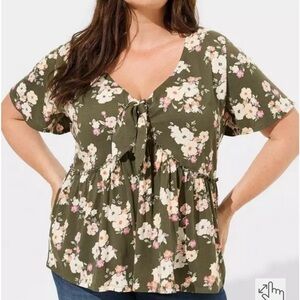Torrid Heritage V Neck Olive Floral Blouse plus size